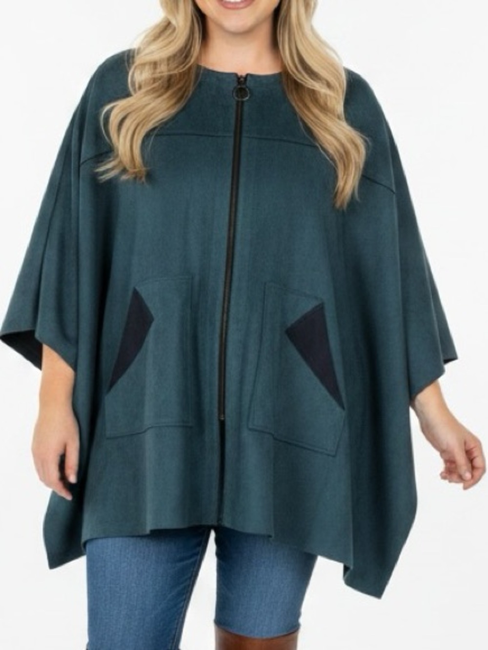 IC Collection by Connie K Teal Faux Suede Zip Front Poncho Cape XL NWT